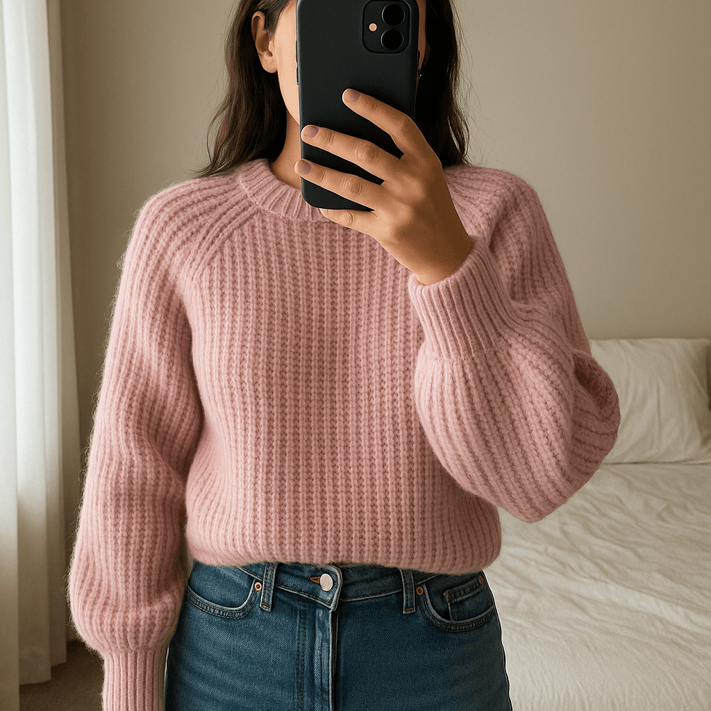 Pull rose Zara S Maglione zara S in piedi, rivolto verso la fotocamera, in una camera da letto con luce soffusa e luce naturale che filtra dalla finestra.