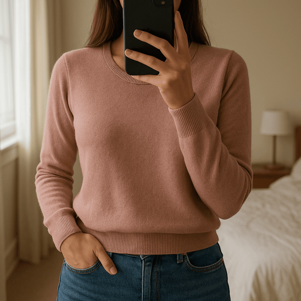 Angora blend rose sweater size 10 standing straight facing the camera, in a softly lit bedroom setting, with gentle natural light filtering through a window.