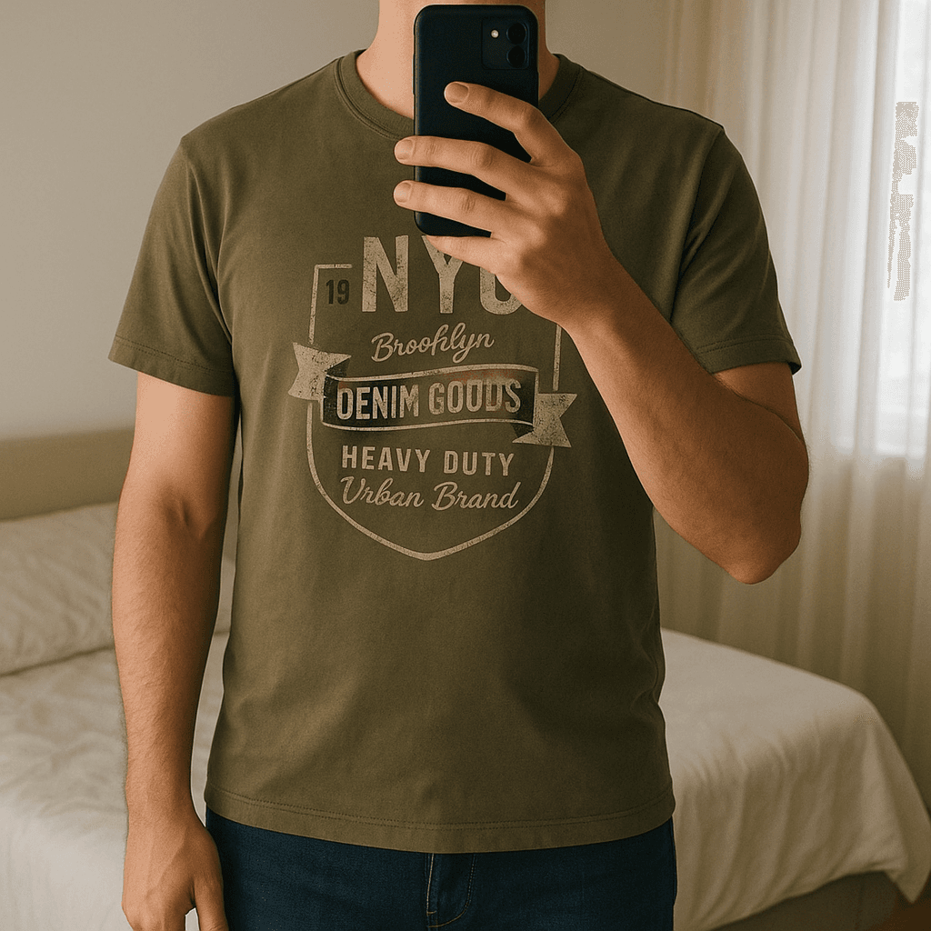 Mens T shirt standing straight facing the camera, in a softly lit bedroom setting, with gentle natural light filtering through a window.