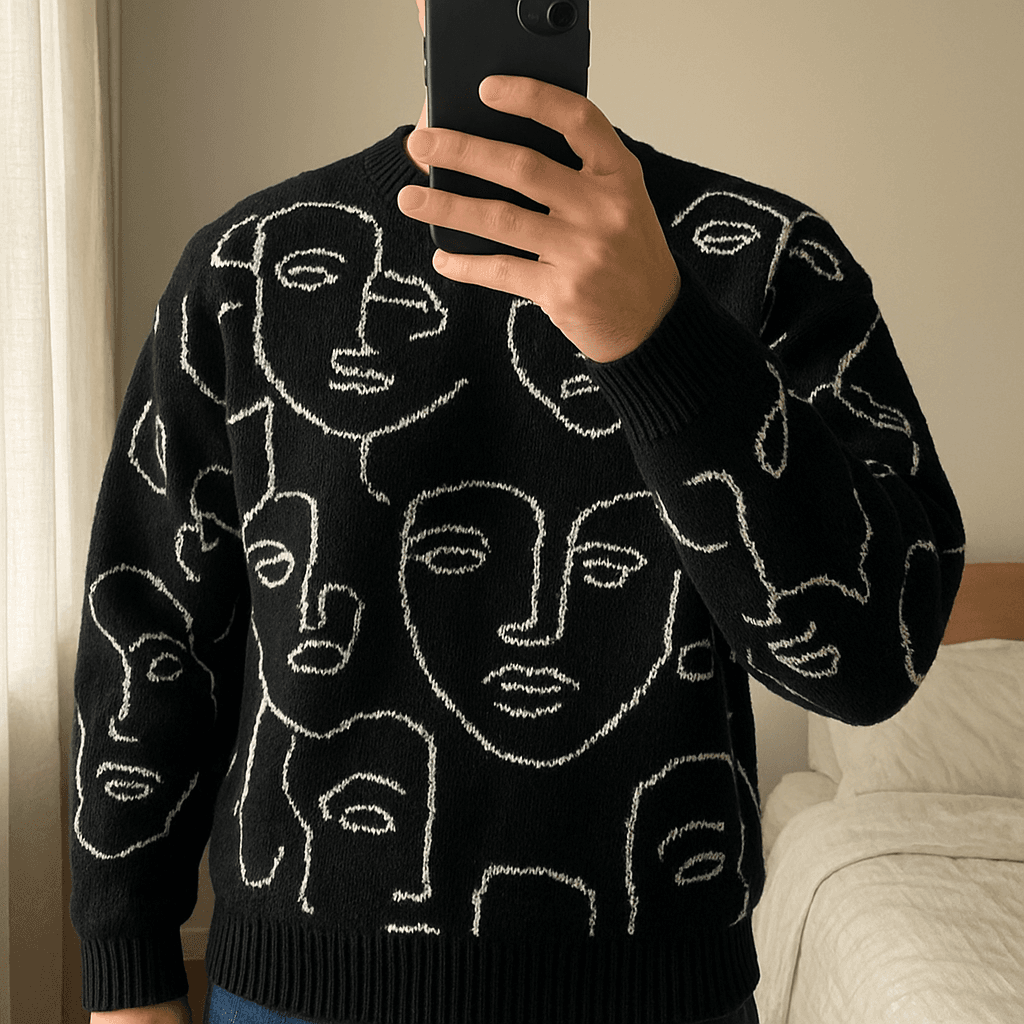 Maglione Black Circus in piedi, rivolto verso la fotocamera, in una camera da letto con luce soffusa e luce naturale che filtra dalla finestra.