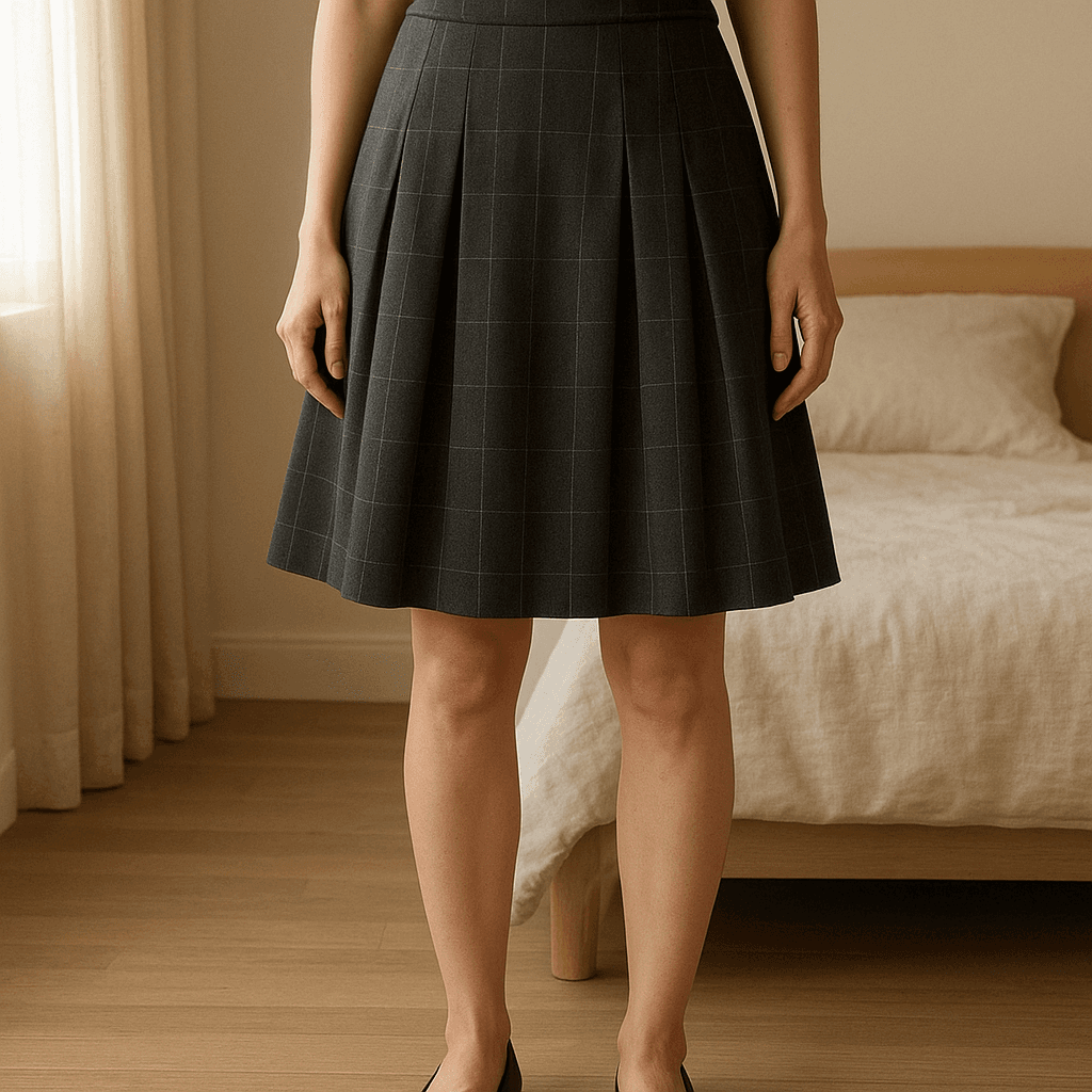 Minigonna Zara in piedi, rivolto verso la fotocamera, in una camera da letto con luce soffusa e luce naturale che filtra dalla finestra.