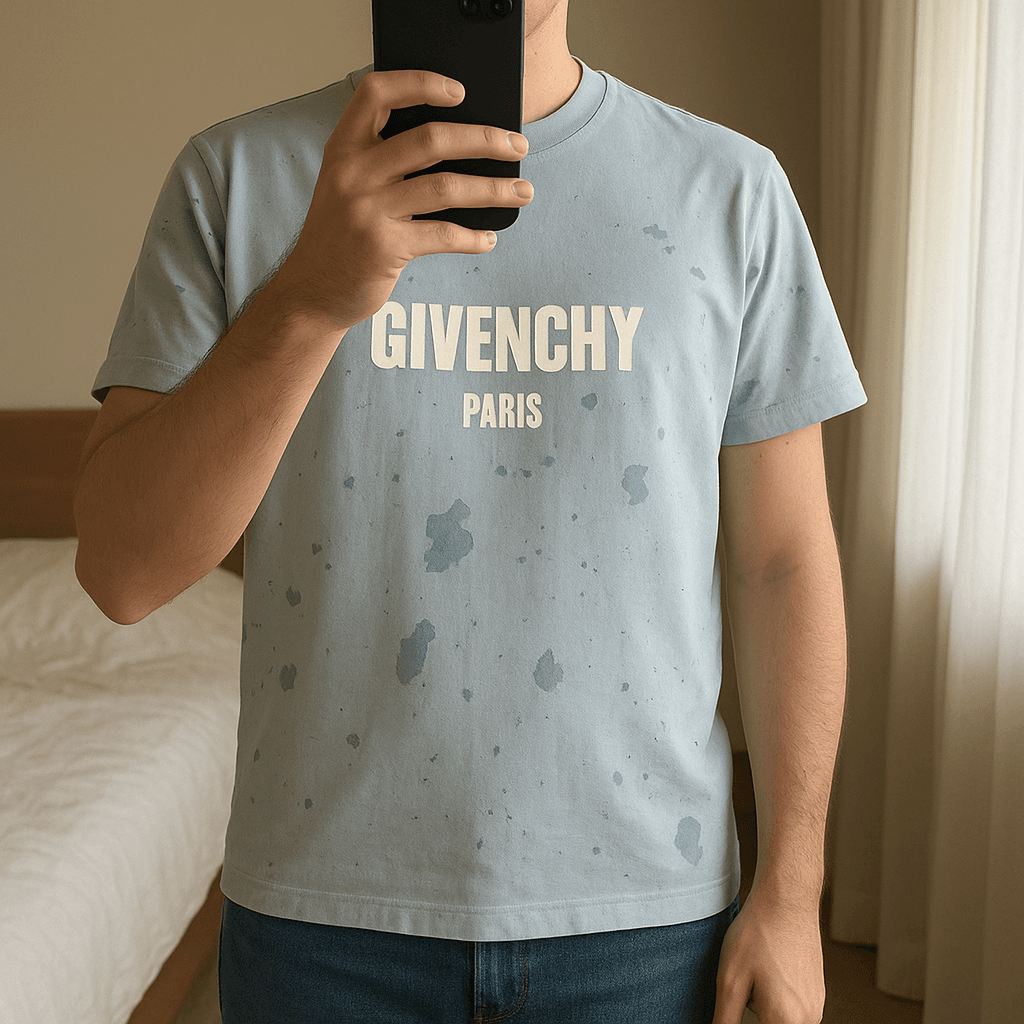 Men’s XS Blue Givenchy T-shirt standing straight facing the camera, in a softly lit bedroom setting, with gentle natural light filtering through a window.