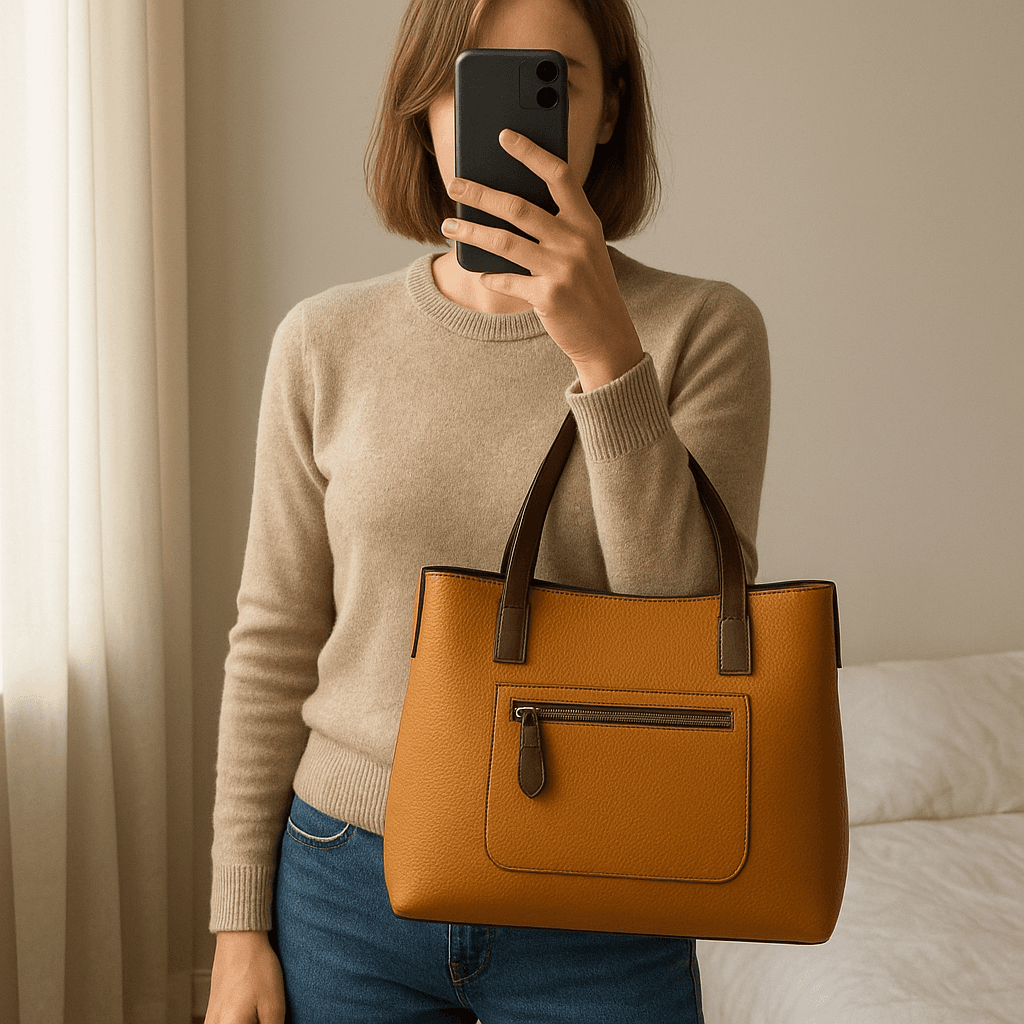 Mustard and tan handbag standing straight facing the camera, in a softly lit bedroom setting, with gentle natural light filtering through a window.