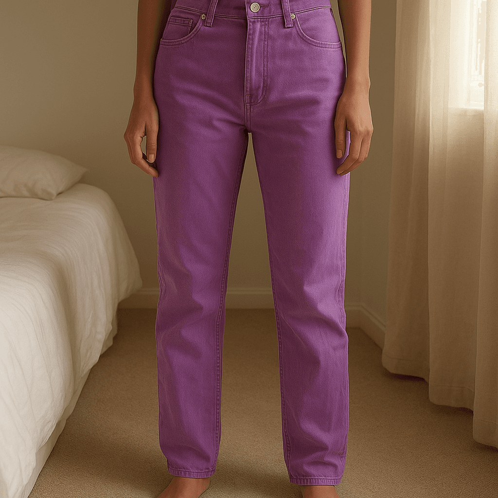 Pantaloni Viola Semilucidi Sfarzo - Eleganza e Stile Unico in piedi, rivolto verso la fotocamera, in una camera da letto con luce soffusa e luce naturale che filtra dalla finestra.