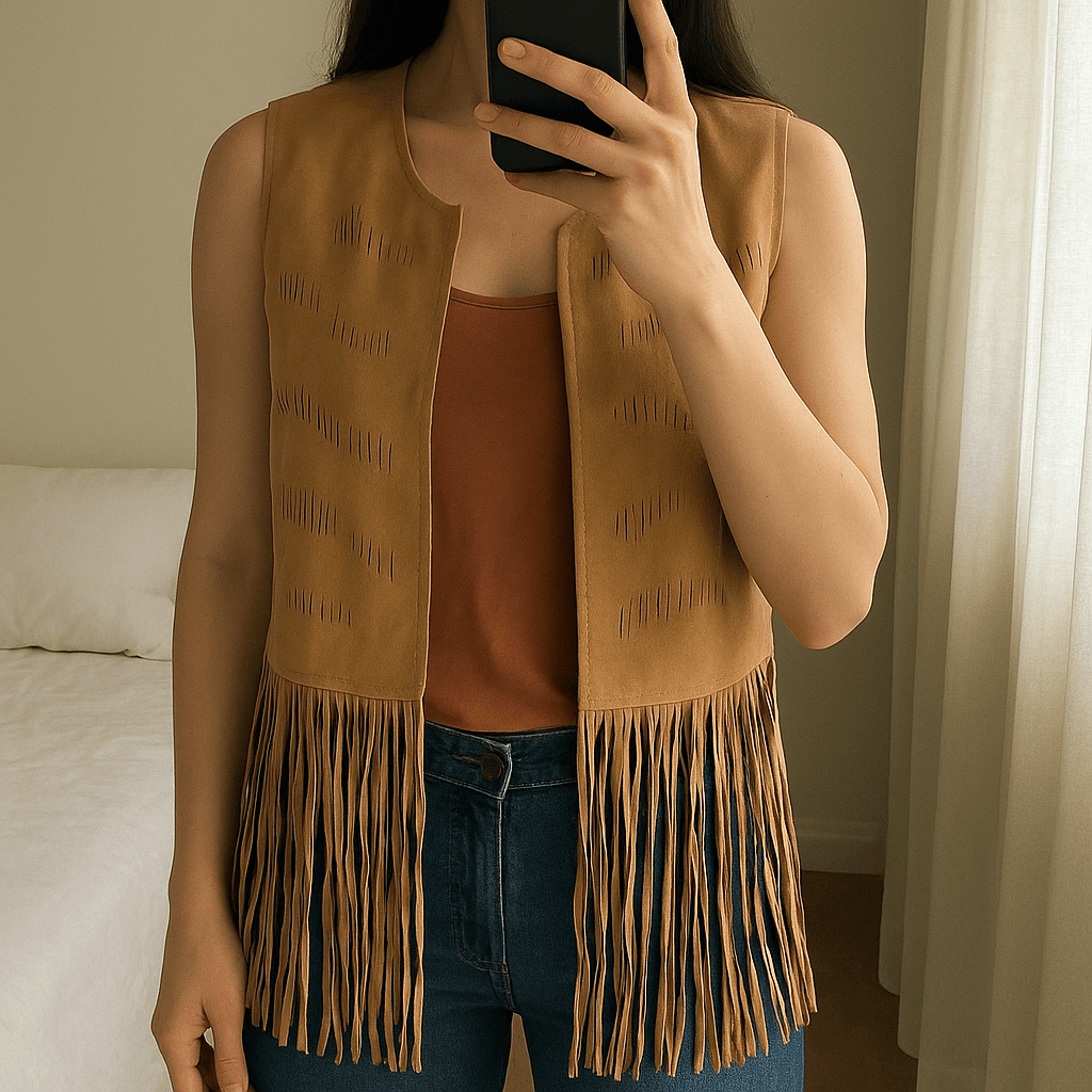 Weste Boho aufrecht stehend, der Kamera zugewandt, in einem sanft beleuchteten Schlafzimmer, mit natürlichem Licht, das durch ein Fenster fällt.