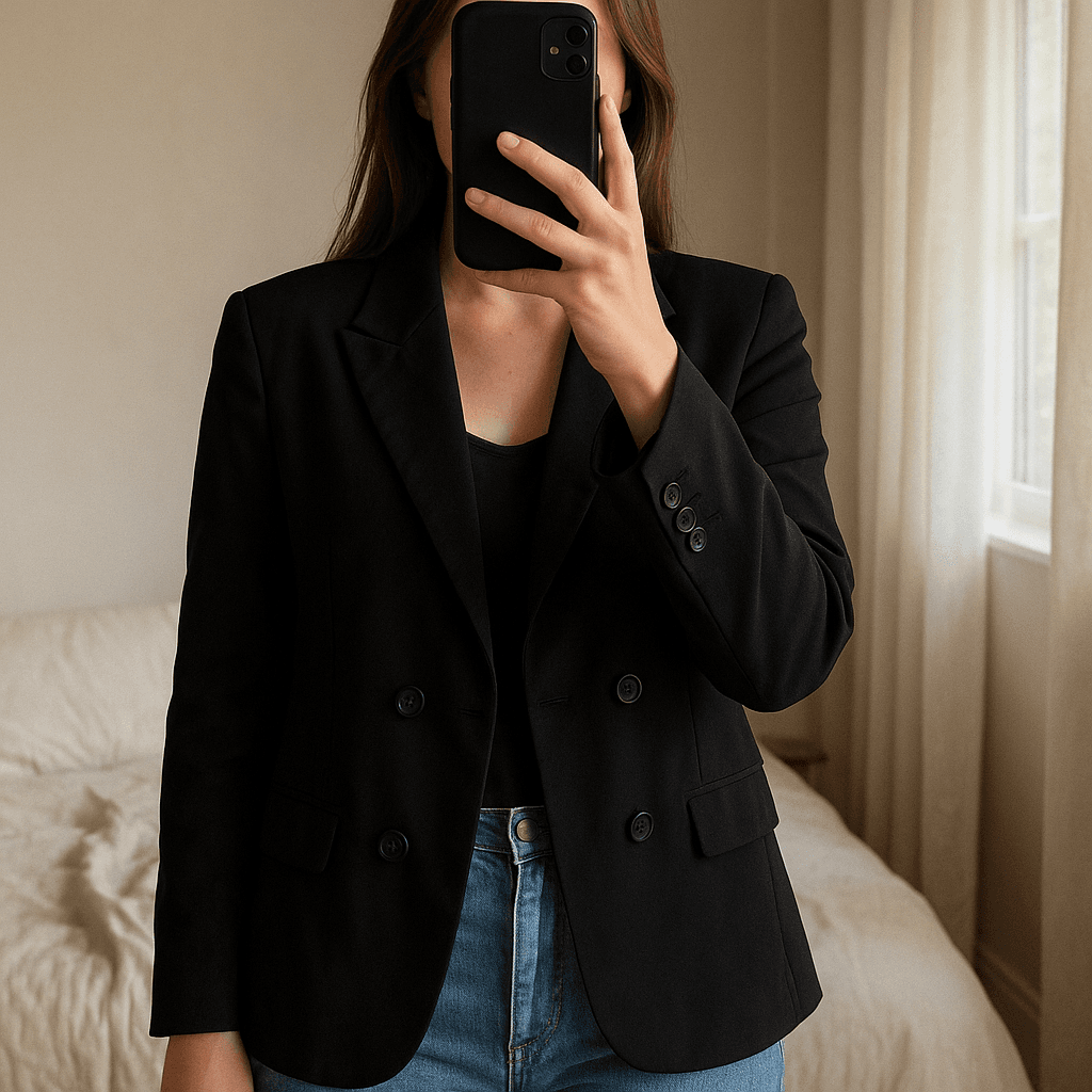 Blazer femme noir S - Giacca blazer Donna in piedi, rivolto verso la fotocamera, in una camera da letto con luce soffusa e luce naturale che filtra dalla finestra.
