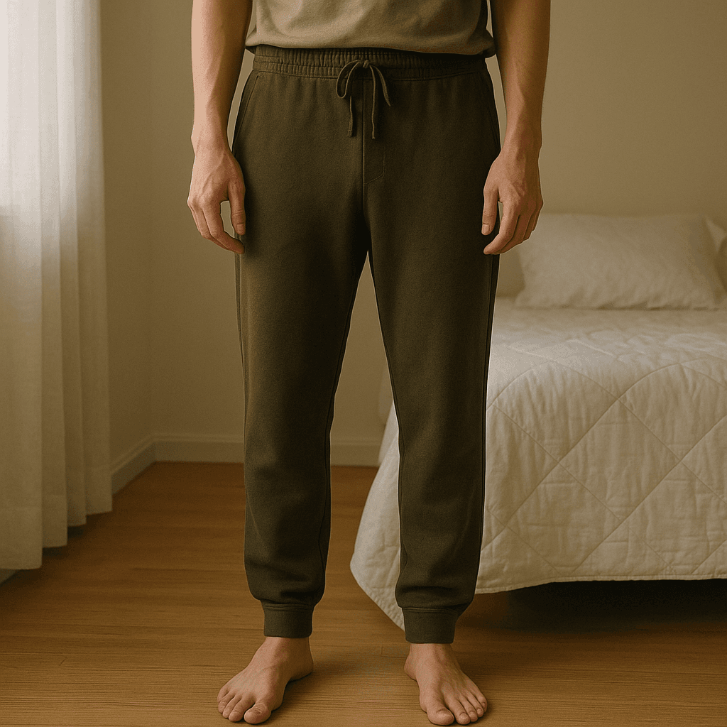 Olivgrüne Jogginghose – sportlich & bequem aufrecht stehend, der Kamera zugewandt, in einem sanft beleuchteten Schlafzimmer, mit natürlichem Licht, das durch ein Fenster fällt.
