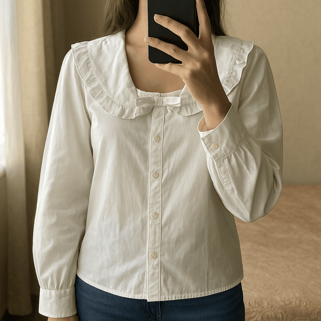 Camicia bianca donna Naracamicie-tg IV (M) in piedi, rivolto verso la fotocamera, in una camera da letto con luce soffusa e luce naturale che filtra dalla finestra.