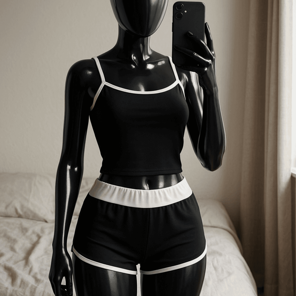 a glossy black plastic mannequin with no facial features in Top a kraťasy s bielym pásom standing straight facing the camera, with a slim body type, in a softly lit bedroom setting, with gentle natural light filtering through a window.