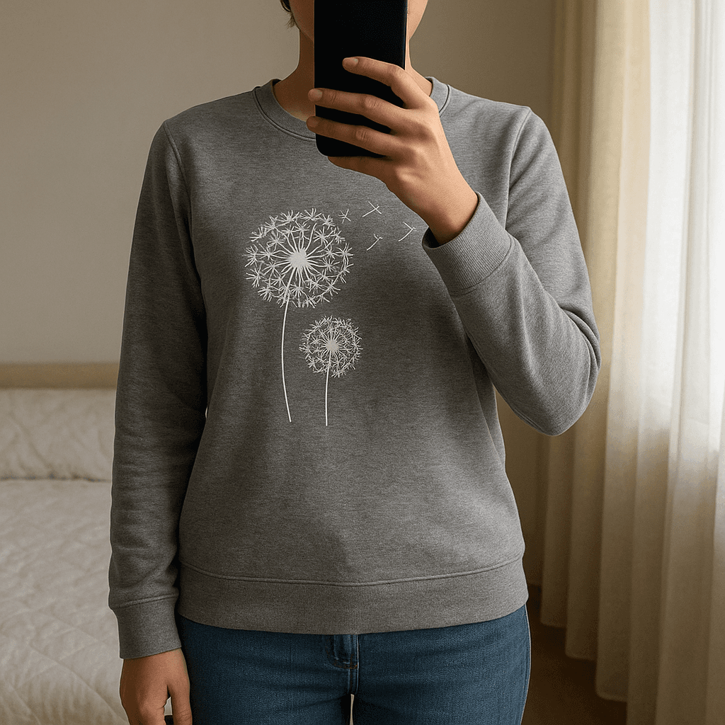 Graues Sweatshirt mit Pusteblumen-Print – gemütlich & süß aufrecht stehend, der Kamera zugewandt, in einem sanft beleuchteten Schlafzimmer, mit natürlichem Licht, das durch ein Fenster fällt.