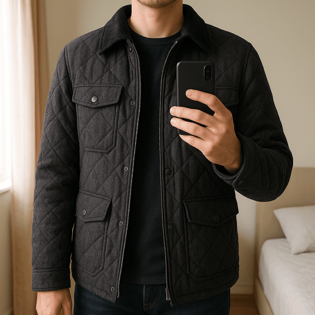 Mens  Blue Harbour. Jacket standing straight facing the camera, in a softly lit bedroom setting, with gentle natural light filtering through a window.