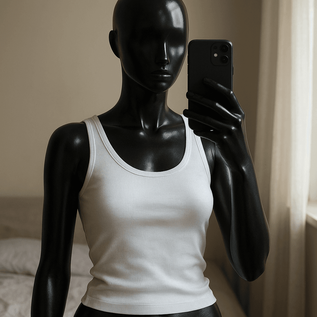 a glossy black plastic mannequin with no facial features in Biely a čierny rebrovaný top standing straight facing the camera, with a slim body type, in a softly lit bedroom setting, with gentle natural light filtering through a window.