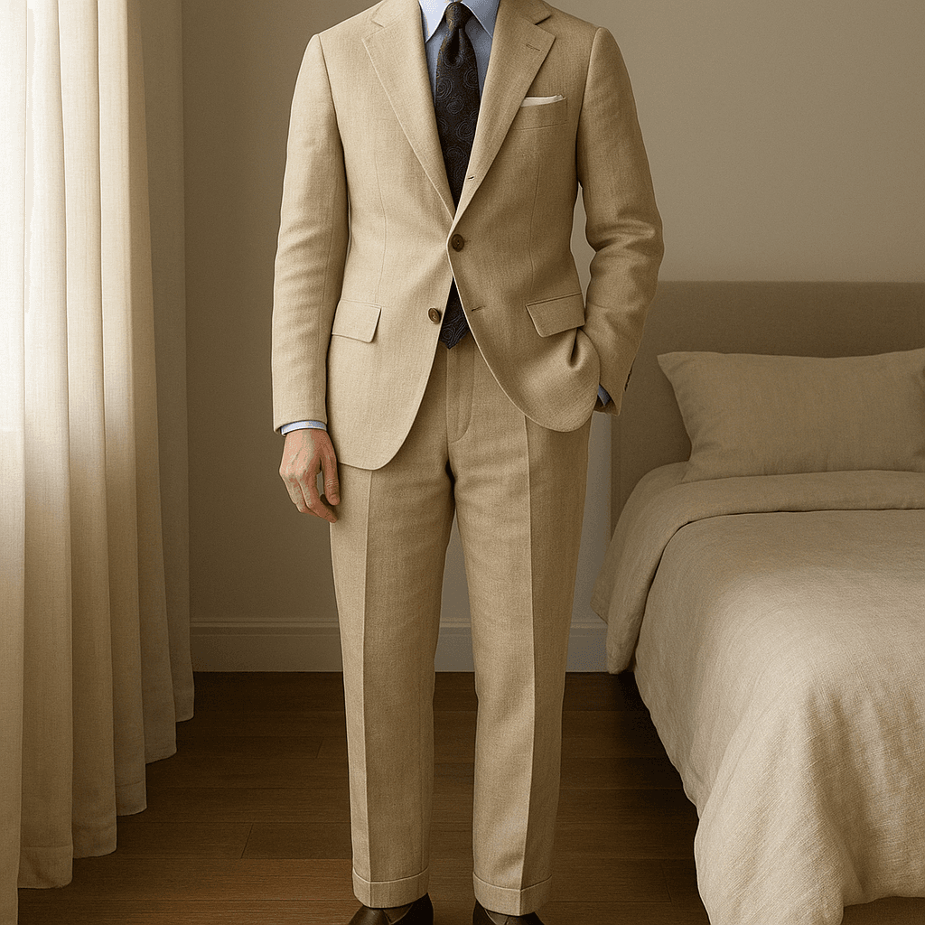 Abito uomo doppiopetto beige lana e cashmere Drop 6 sartoriale taglia 48-58 in piedi, rivolto verso la fotocamera, in una camera da letto con luce soffusa e luce naturale che filtra dalla finestra.