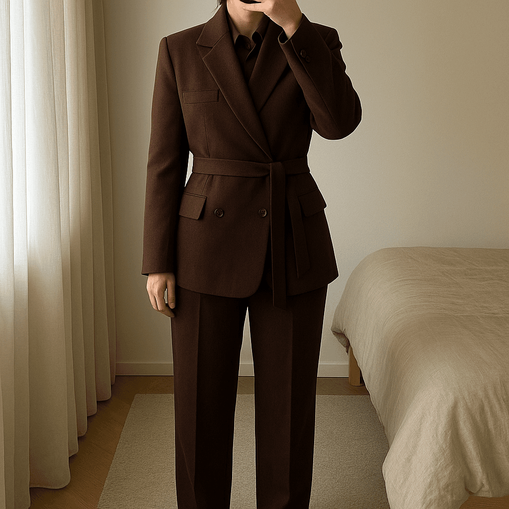 Completo Gilet Pantalone Les Copains in piedi, rivolto verso la fotocamera, in una camera da letto con luce soffusa e luce naturale che filtra dalla finestra.