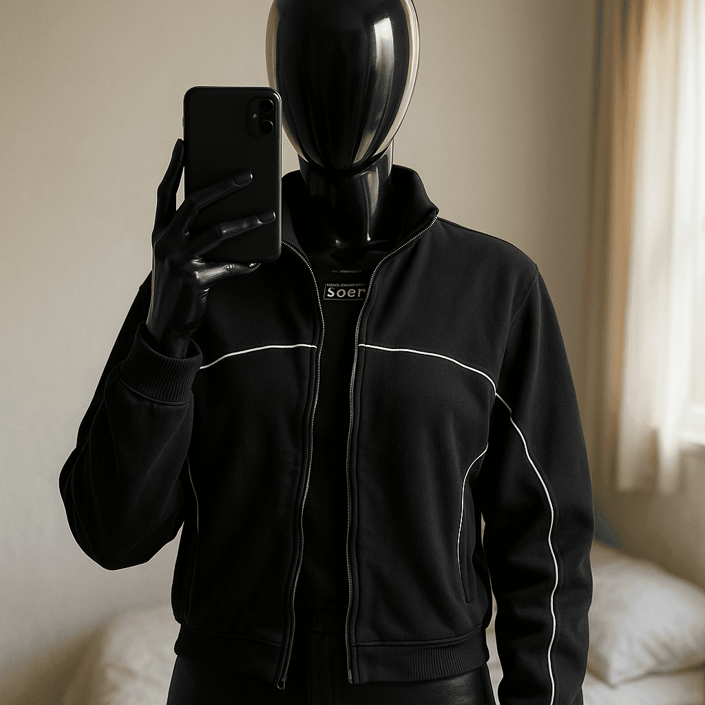 a glossy black plastic mannequin with no facial features in Čierna mikina s reflexnými detailmi standing straight facing the camera, with a slim body type, in a softly lit bedroom setting, with gentle natural light filtering through a window.