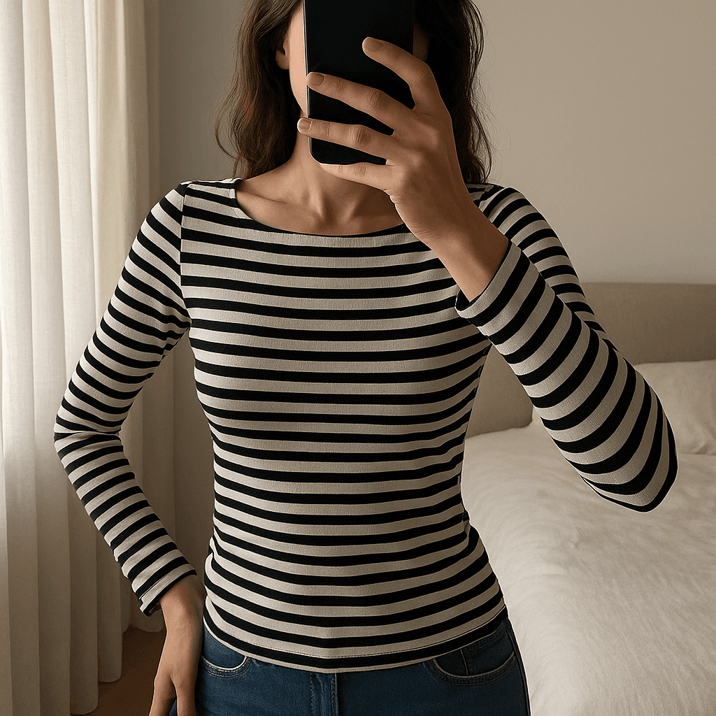 Una persona in Pull manches longues H&M XS - Maglione Maglietta donna neuf inarcando leggermente la schiena per una posa dinamica, in una camera da letto con luce soffusa e luce naturale che filtra dalla finestra.
