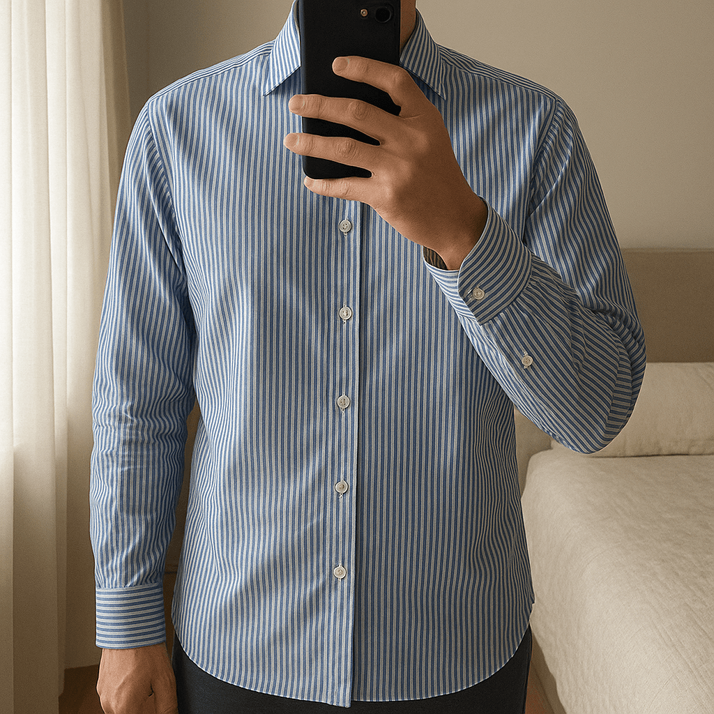 Boggi Milano tailored shirt size 38/15 standing straight facing the camera, in a softly lit bedroom setting, with gentle natural light filtering through a window.