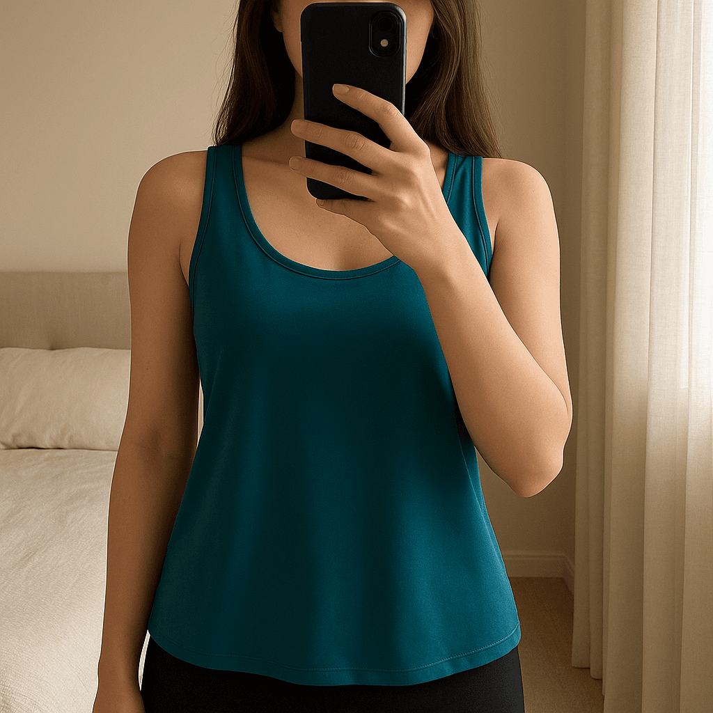 Canotta satinata in piedi, rivolto verso la fotocamera, in una camera da letto con luce soffusa e luce naturale che filtra dalla finestra.