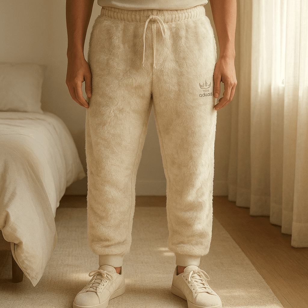 Pantalone Adidas felpato bianco panna in piedi, rivolto verso la fotocamera, in una camera da letto con luce soffusa e luce naturale che filtra dalla finestra.