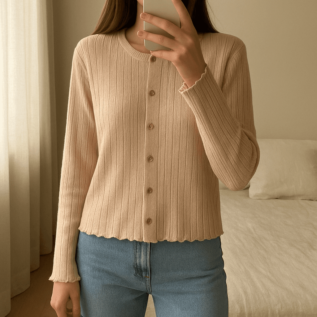 F&F beige top standing straight facing the camera, in a softly lit bedroom setting, with gentle natural light filtering through a window.