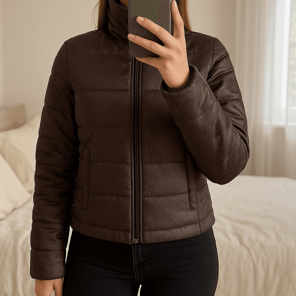 Esprit Braetan Brown Paisley Print Showerproof Puffer Jacket with Hidden Hood - Small standing straight facing the camera, in a softly lit bedroom setting, with gentle natural light filtering through a window.