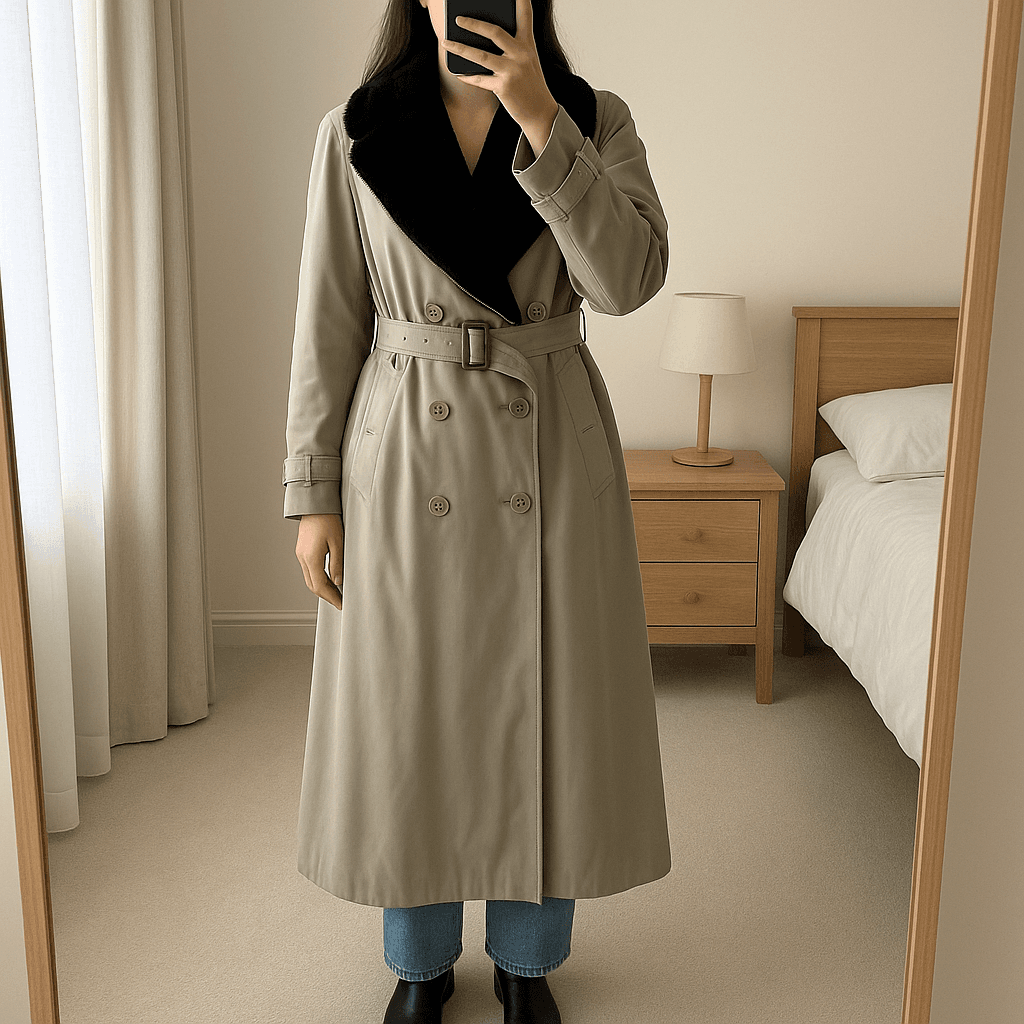 Dannimac Royale Collection Eucalyptus Showerproof Trench Coat Removable Faux Fur Collar - Medium standing straight facing the camera, in a softly lit bedroom setting, with gentle natural light filtering through a window.