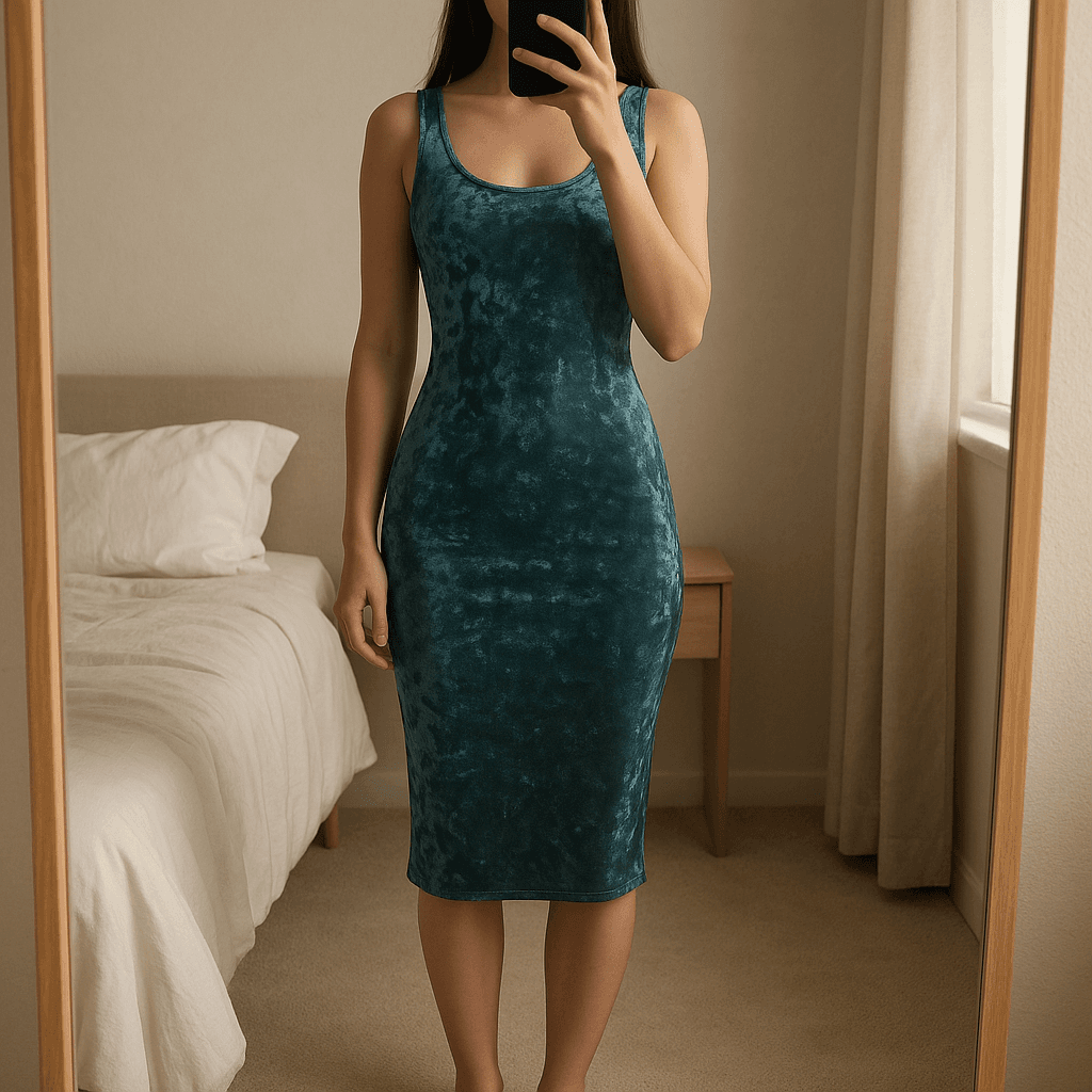 Fashion Nova aqua blue velvety style midi length party dress standing straight facing the camera, in a softly lit bedroom setting, with gentle natural light filtering through a window.