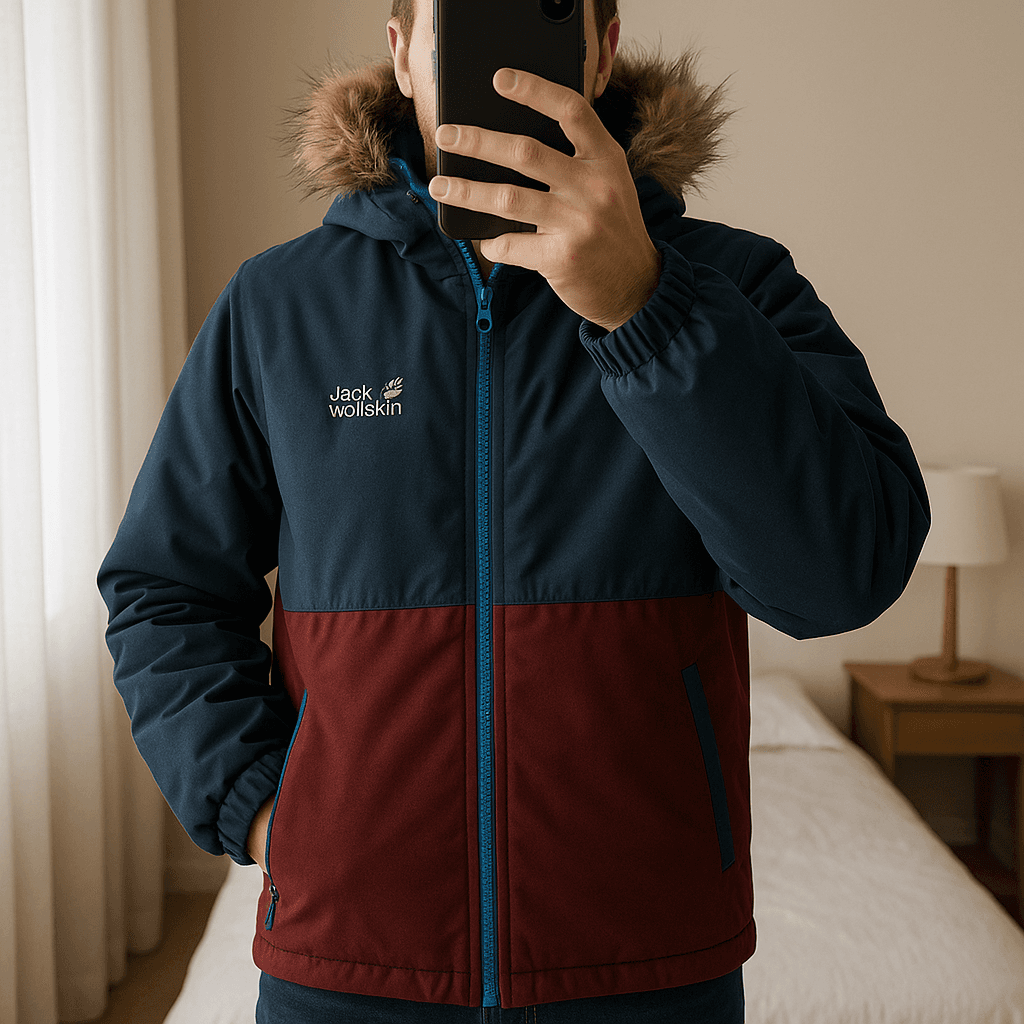 Jack Wolfskin Boys Coat standing straight facing the camera, in a softly lit bedroom setting, with gentle natural light filtering through a window.