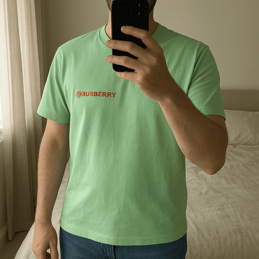 Men’s Burberry T-shirt standing straight facing the camera, in a softly lit bedroom setting, with gentle natural light filtering through a window.