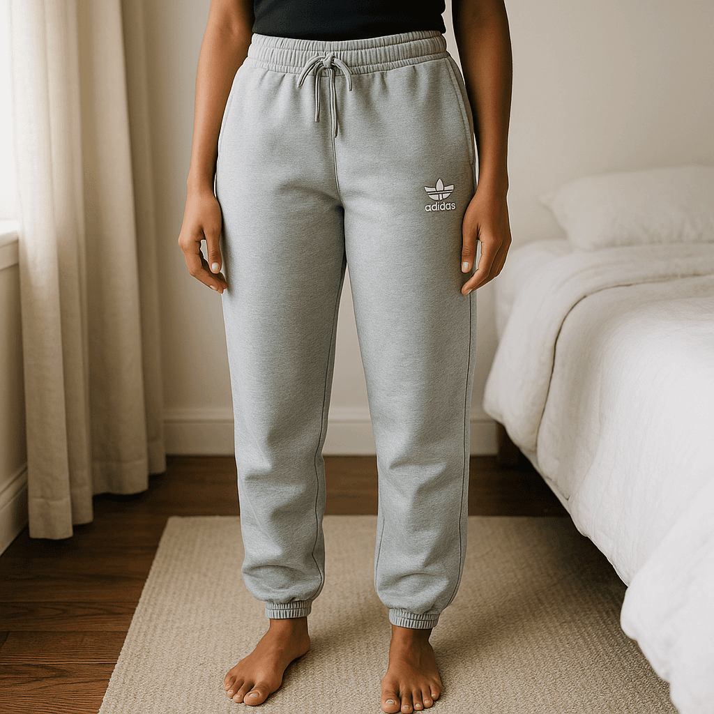 Women's Adidas tracksuit bottoms size 4 standing straight facing the camera, in a softly lit bedroom setting, with gentle natural light filtering through a window.