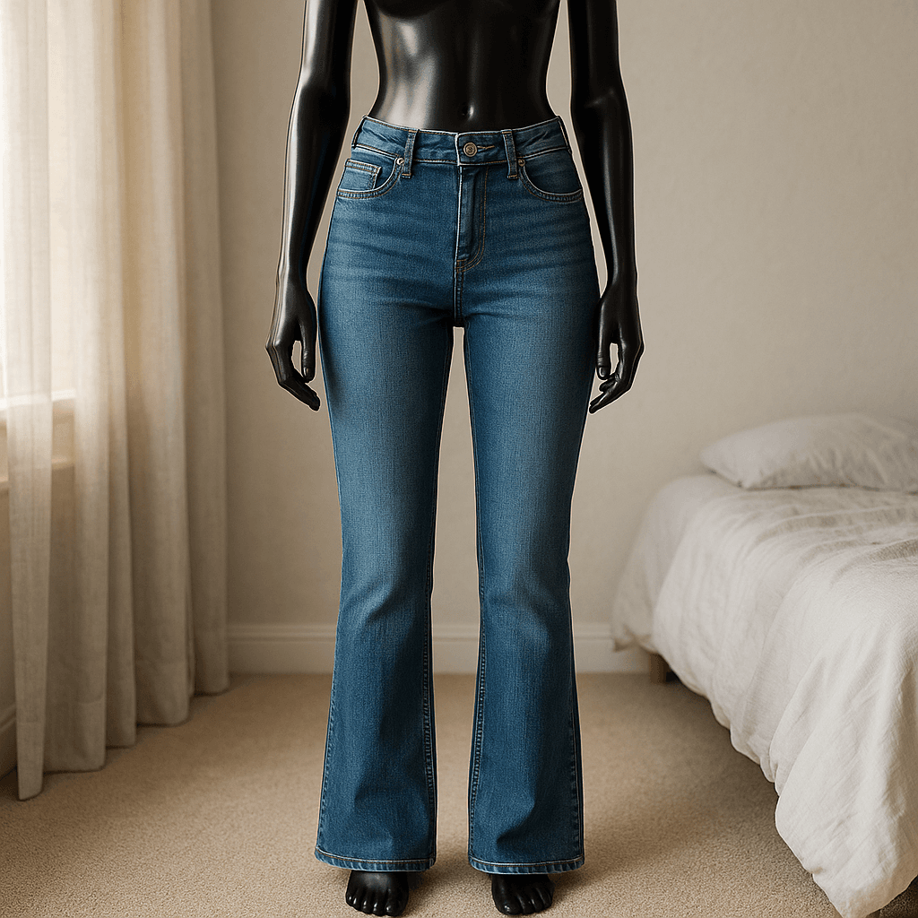 a glossy black plastic mannequin with no facial features in Bootcut džínsy C&A standing straight facing the camera, with a slim body type, in a softly lit bedroom setting, with gentle natural light filtering through a window.
