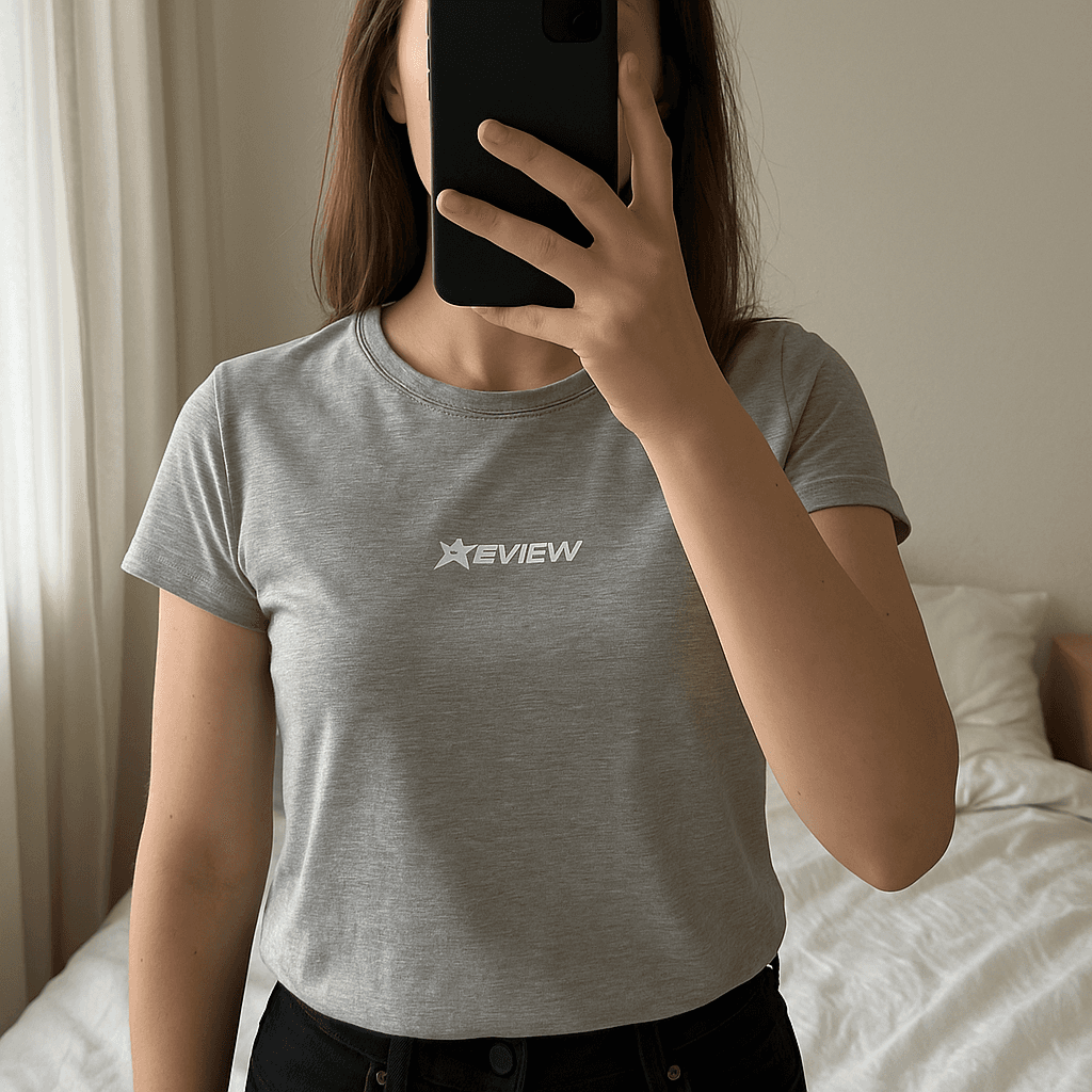 Sivé crop tričko REVIEW standing straight facing the camera, in a softly lit bedroom setting, with gentle natural light filtering through a window.