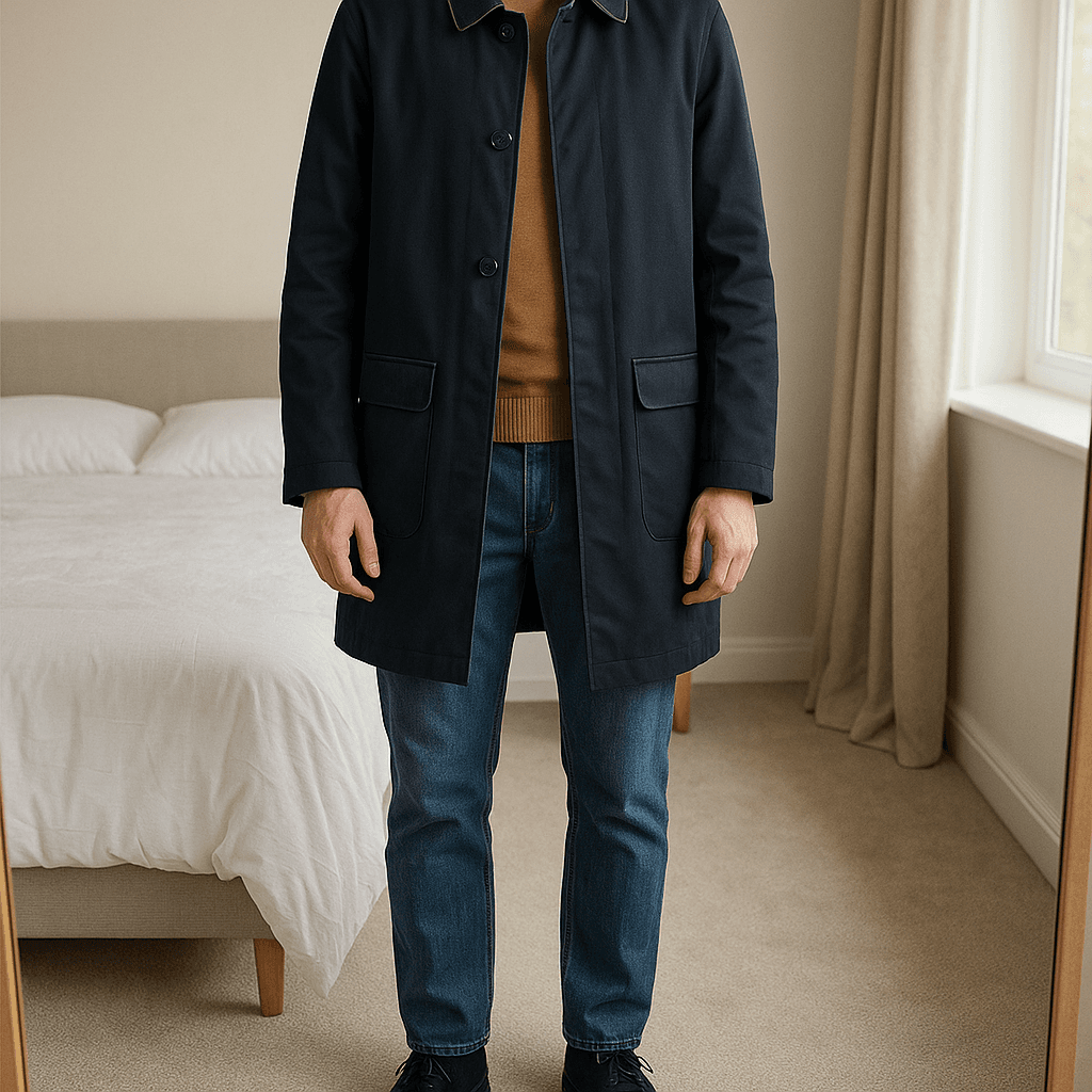 Jasper Conran Men's Navy Quilt Lined Mac Trench Coat - Medium standing straight facing the camera, in a softly lit bedroom setting, with gentle natural light filtering through a window.