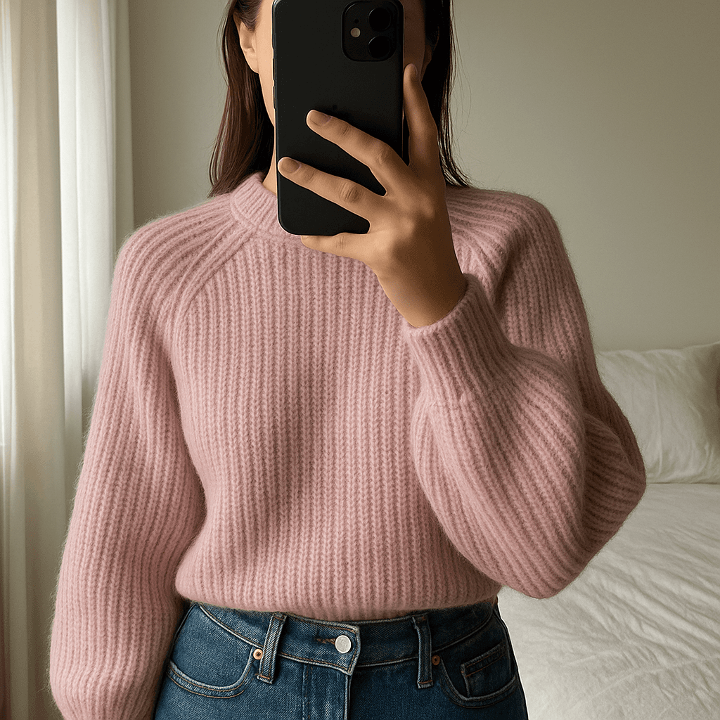 Pull rose Zara S Maglione zara S in piedi, rivolto verso la fotocamera, in una camera da letto con luce soffusa e luce naturale che filtra dalla finestra.