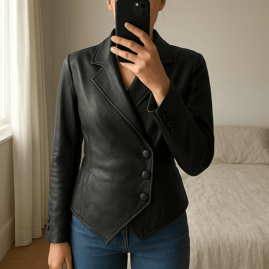 vintage leder jacke schwarz aufrecht stehend, der Kamera zugewandt, in einem sanft beleuchteten Schlafzimmer, mit natürlichem Licht, das durch ein Fenster fällt.