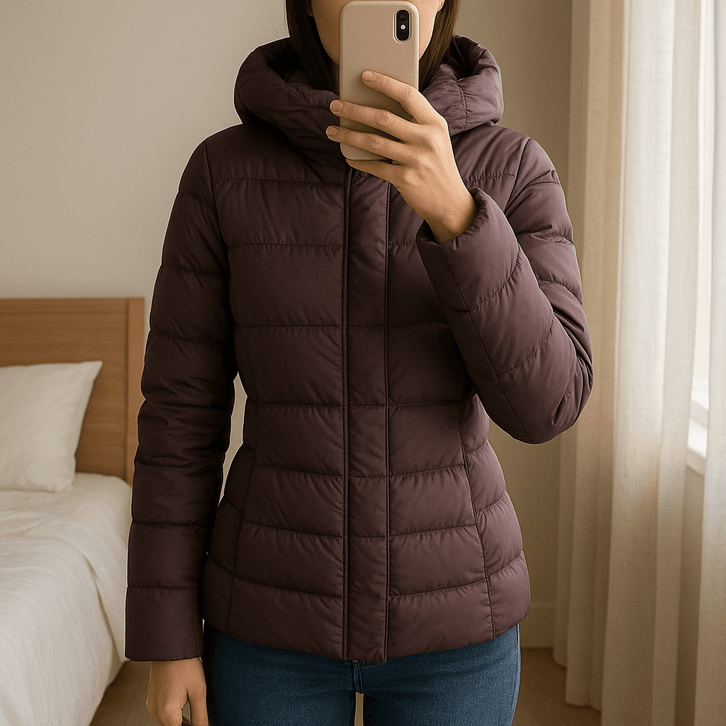 Piumino marrone - Liu Jo 🧥 in piedi, rivolto verso la fotocamera, in una camera da letto con luce soffusa e luce naturale che filtra dalla finestra.