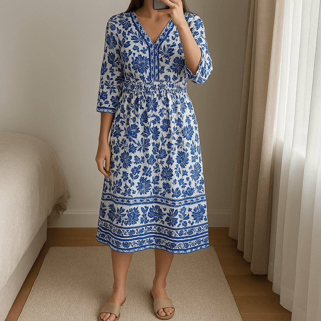 Cotton summer. V neck dress standing straight facing the camera, in a softly lit bedroom setting, with gentle natural light filtering through a window.