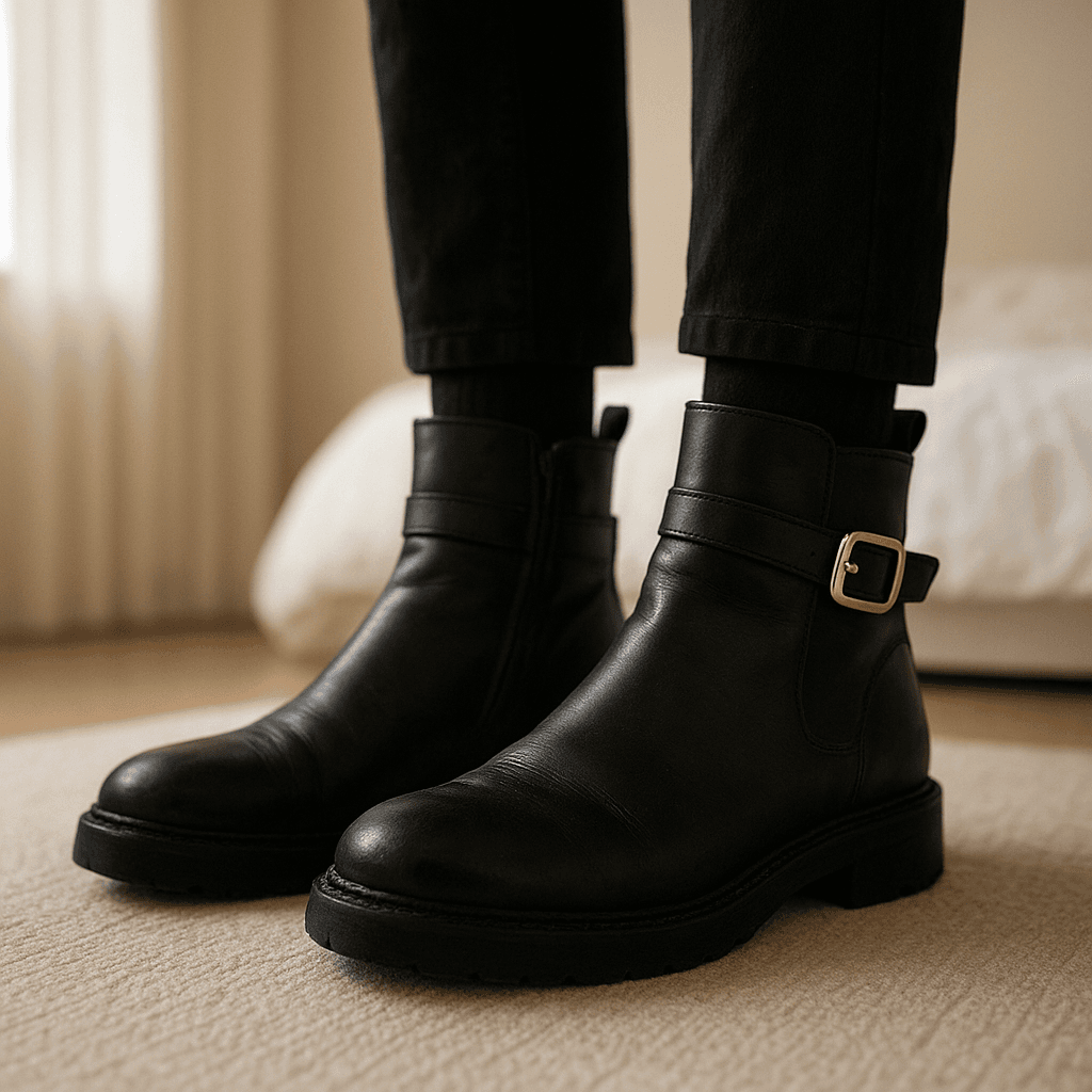 Chelsea Boots standing straight facing the camera, in a softly lit bedroom setting, with gentle natural light filtering through a window.