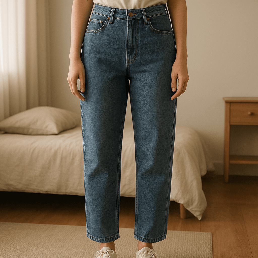 Jeans a vita alta in piedi, rivolto verso la fotocamera, in una camera da letto con luce soffusa e luce naturale che filtra dalla finestra.