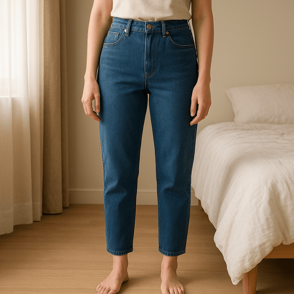 Blue. Denim jeans. standing straight facing the camera, in a softly lit bedroom setting, with gentle natural light filtering through a window.