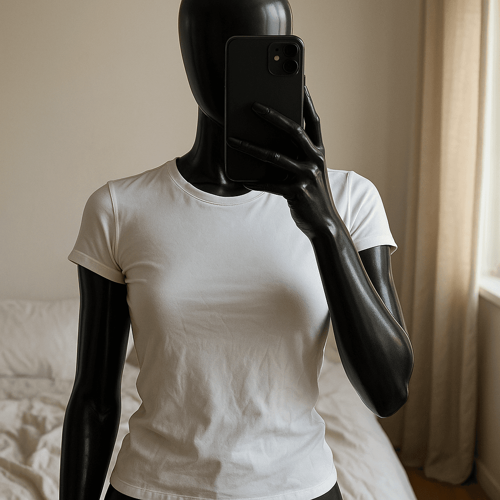 a glossy black plastic mannequin with no facial features in Skims dupe tričko H&M standing straight facing the camera, with a slim body type, in a softly lit bedroom setting, with gentle natural light filtering through a window.