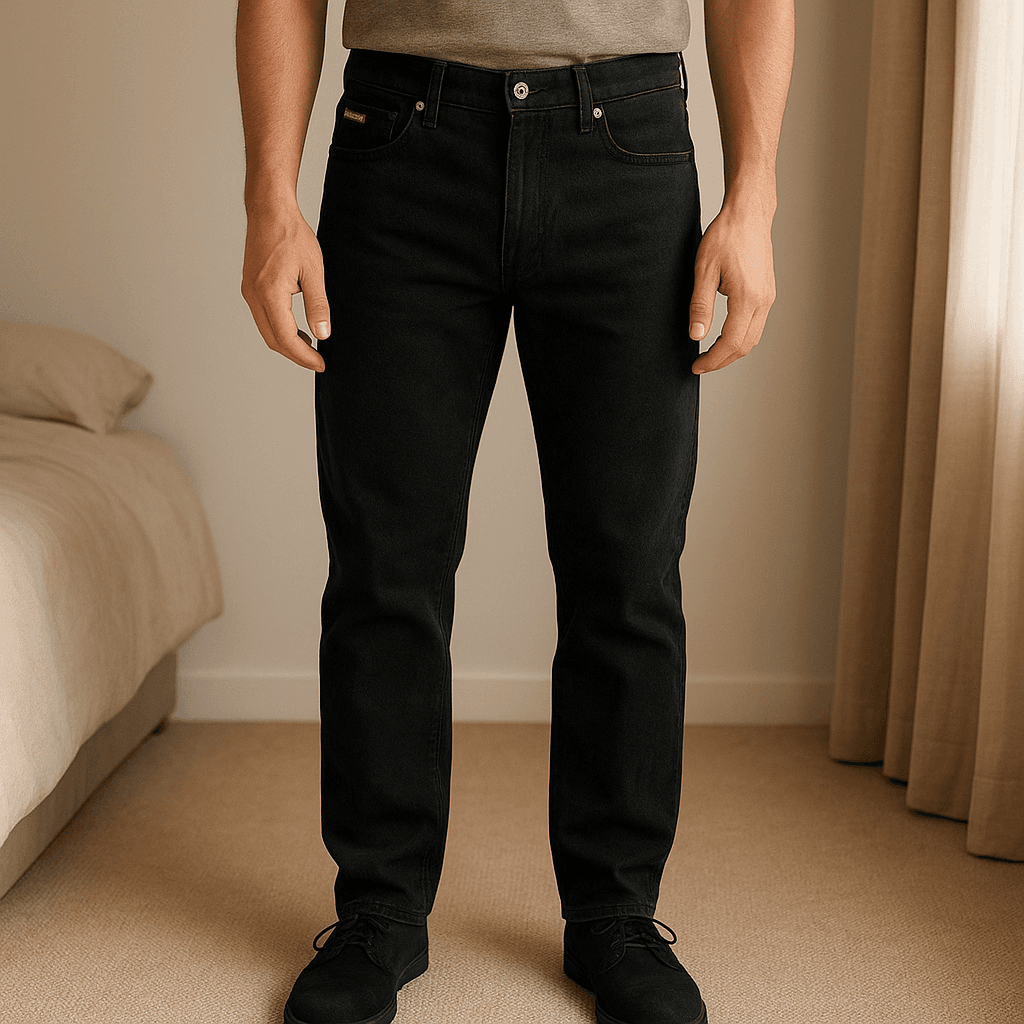Mens jeans standing straight facing the camera, in a softly lit bedroom setting, with gentle natural light filtering through a window.