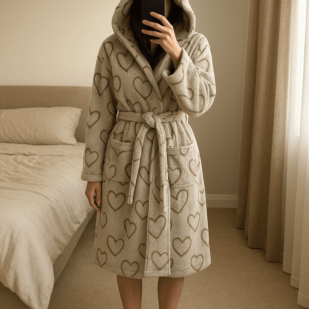 Dressing gown standing straight facing the camera, in a softly lit bedroom setting, with gentle natural light filtering through a window.