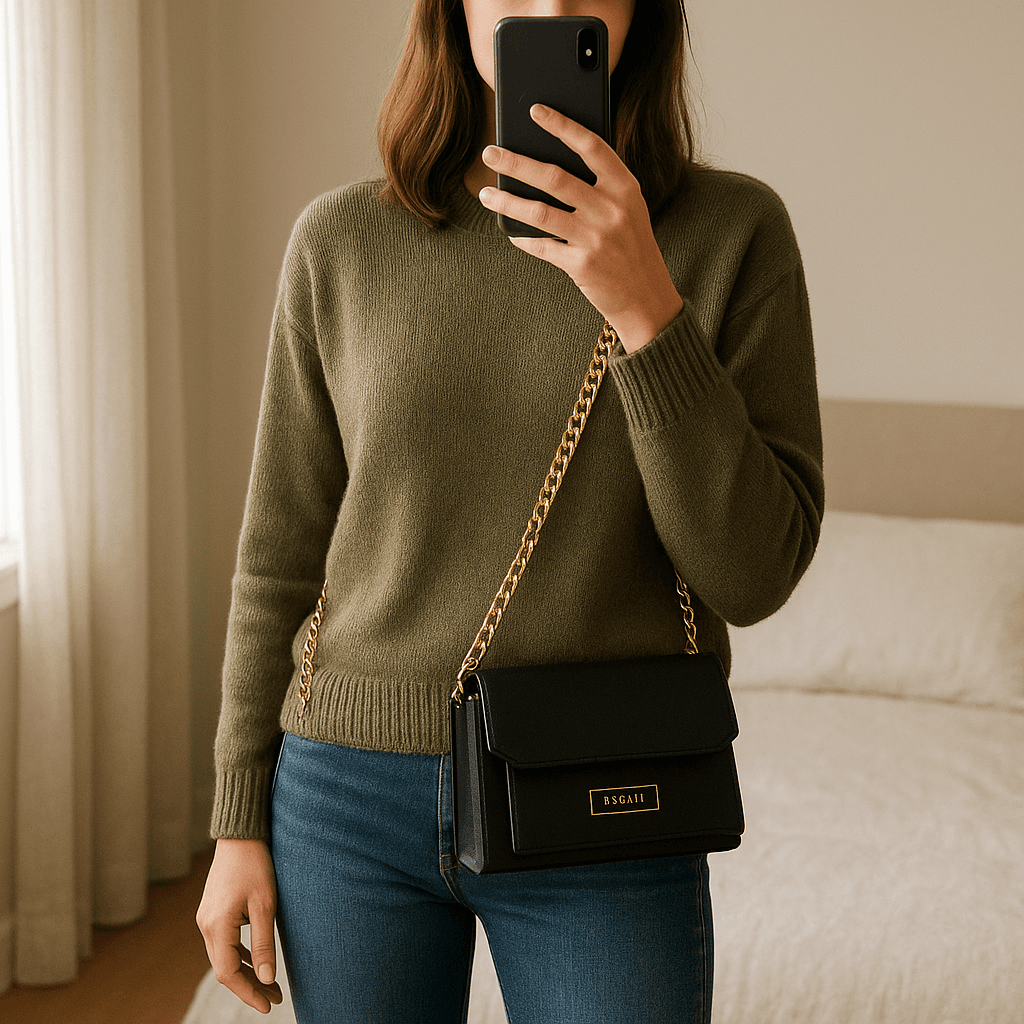 Bessie.  Crossover bag. standing straight facing the camera, in a softly lit bedroom setting, with gentle natural light filtering through a window.