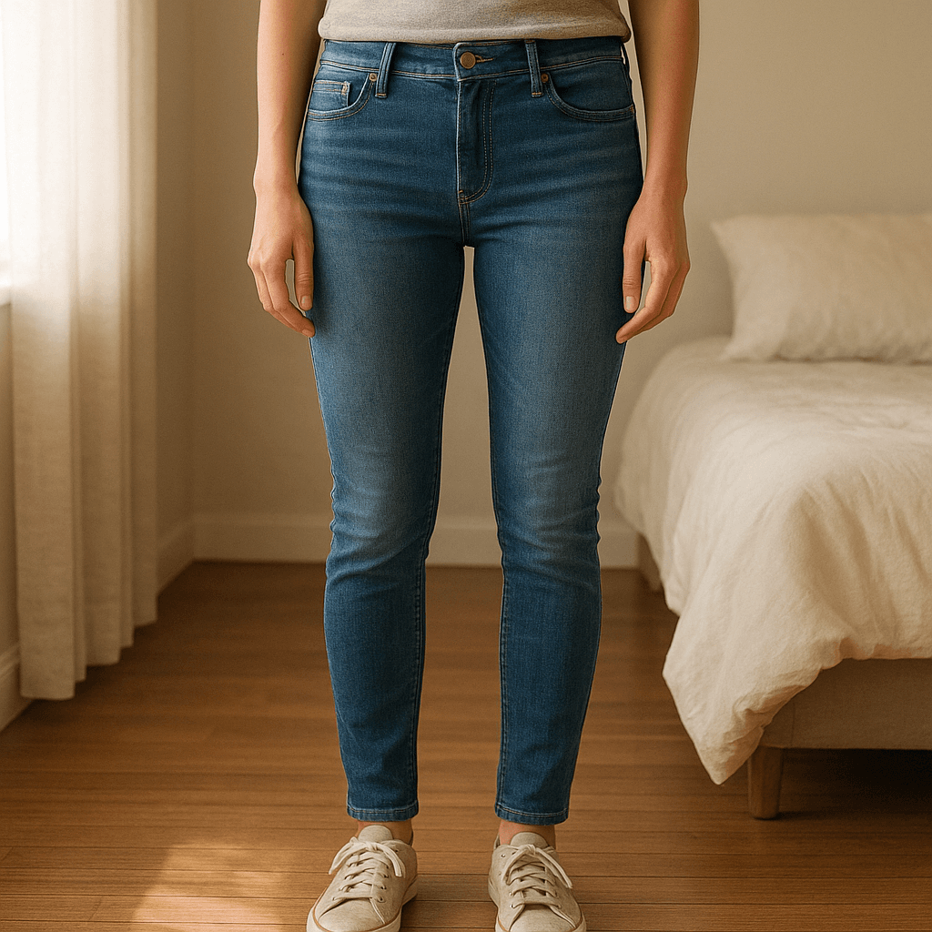 Esmara Jeans Super Skinny Fit Medium Waist Gr. 46 aufrecht stehend, der Kamera zugewandt, in einem sanft beleuchteten Schlafzimmer, mit natürlichem Licht, das durch ein Fenster fällt.