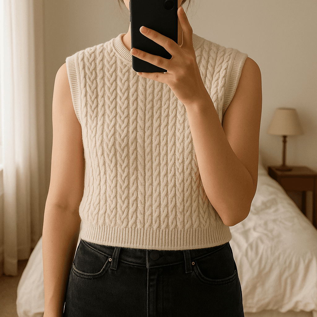 Top court en maille Zara beige S - Maglione Zara panciotti S in piedi, rivolto verso la fotocamera, in una camera da letto con luce soffusa e luce naturale che filtra dalla finestra.