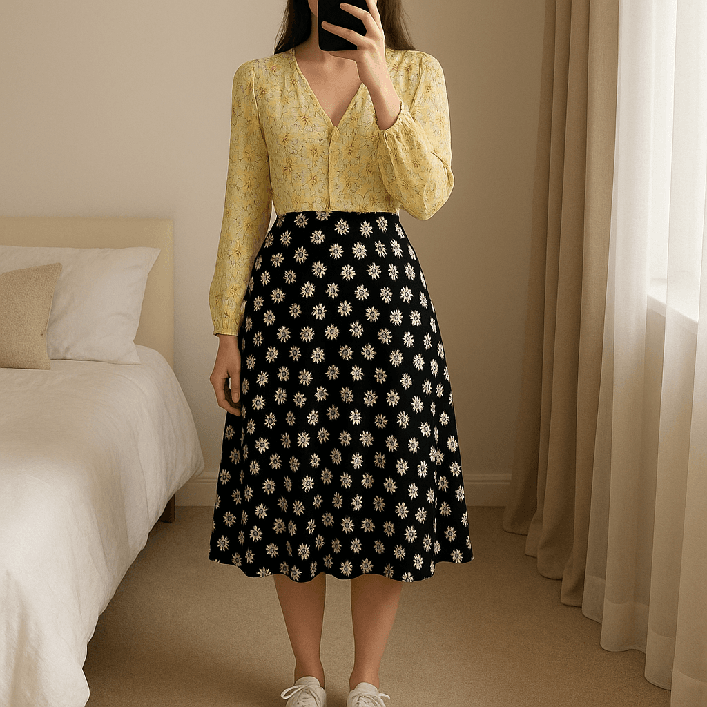 Excellent Condition Daisy Dress standing straight facing the camera, in a softly lit bedroom setting, with gentle natural light filtering through a window.