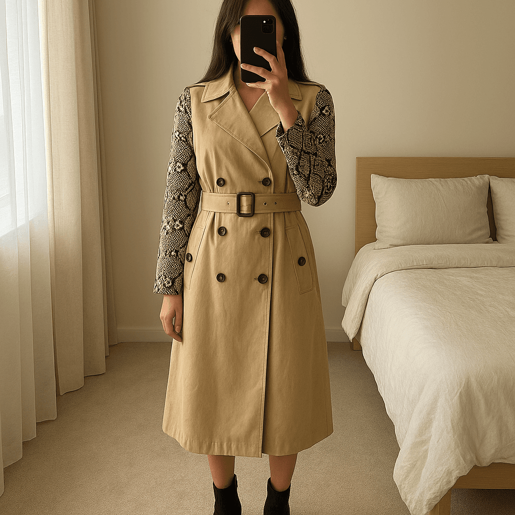 Damen Chloé Trenchcoat lang Beige 38 aufrecht stehend, der Kamera zugewandt, in einem sanft beleuchteten Schlafzimmer, mit natürlichem Licht, das durch ein Fenster fällt.