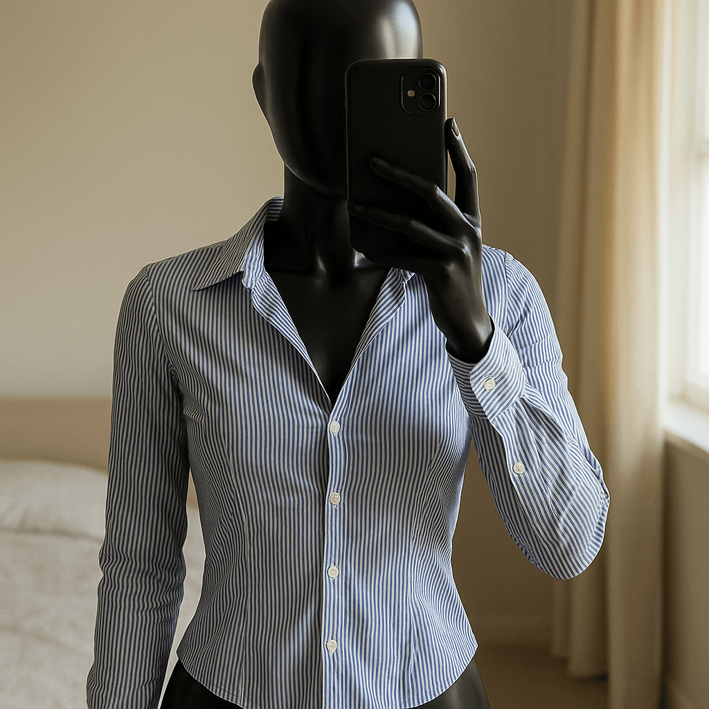 a glossy black plastic mannequin with no facial features in Prúžkovaná košeľa Stradivarius standing straight facing the camera, with a slim body type, in a softly lit bedroom setting, with gentle natural light filtering through a window.