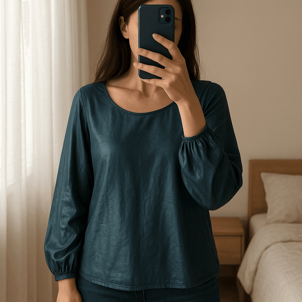 Blusa con maniche a sbuffo in piedi, rivolto verso la fotocamera, in una camera da letto con luce soffusa e luce naturale che filtra dalla finestra.